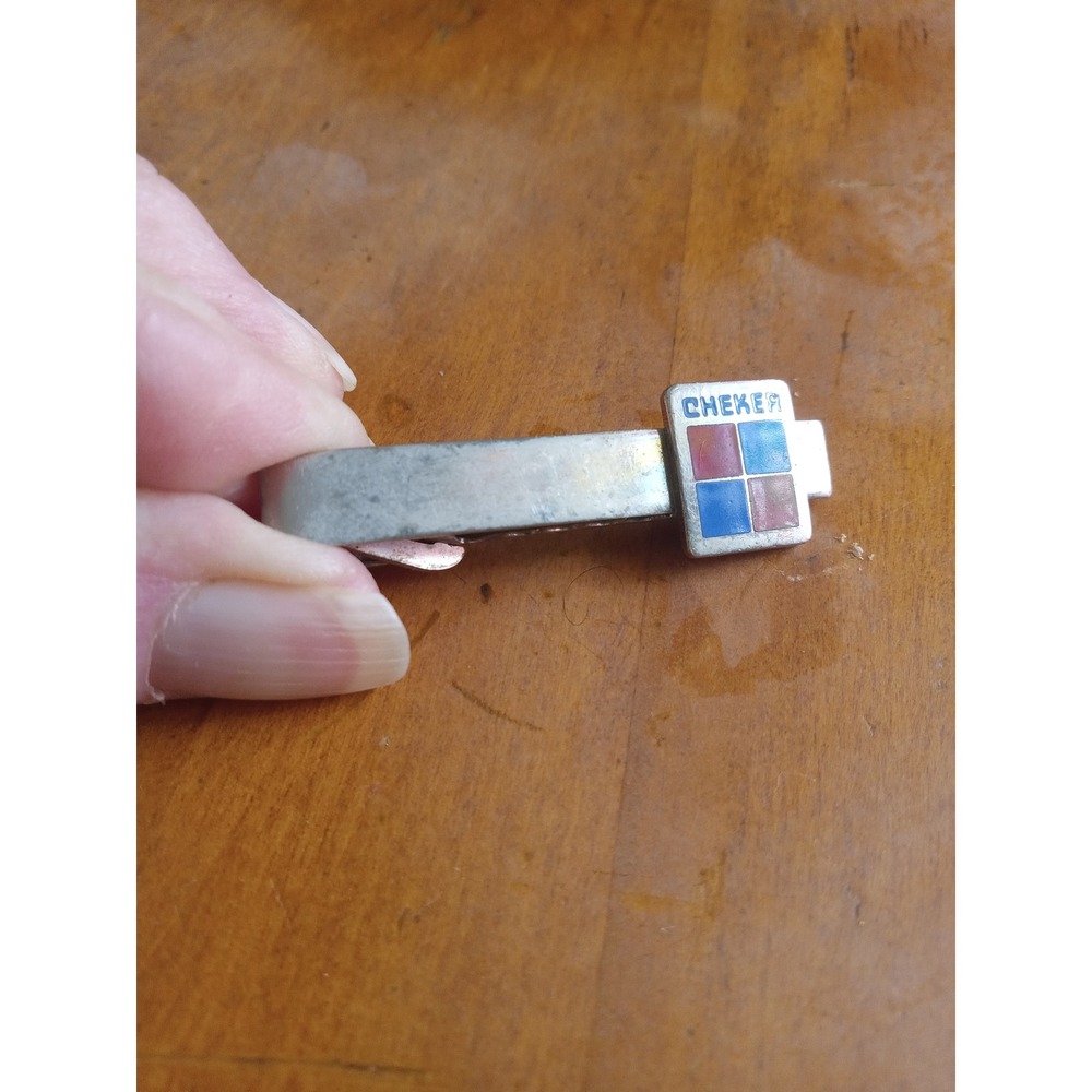 Vintage Checker Motors Tie Clip Silver Tone Red Blue Enamel Logo Taxi Cab Bar